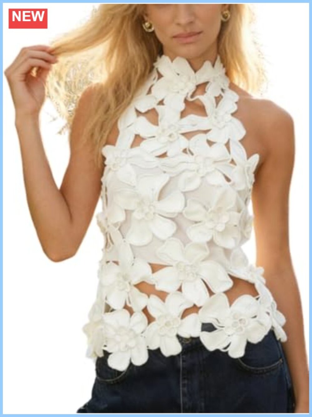 Floral Embroidered Backless Mock Neck Tank Top Y2K